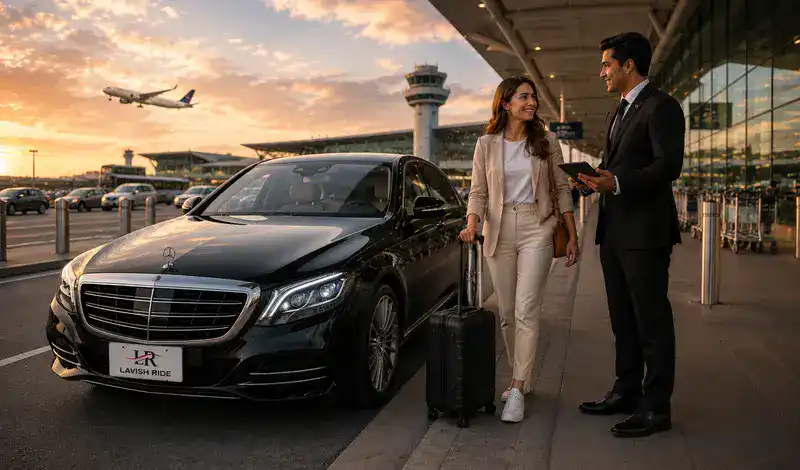 IAH airport chauffeur greeting a traveler with luggage beside a Mercedes-Benz S-Class for luxury Houston airport transfer.